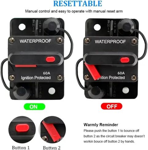 60Amp Circuit Breaker for Boat Trolling Motor Marine ATV Trailer Vehicles Stereo Audio Electronic Battery Solar System Inline Fuse with Manual Reset Switch Waterproof, 12V- 42V DC in Saudi Arabia