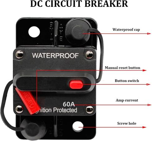 60Amp Circuit Breaker for Boat Trolling Motor Marine ATV Trailer Vehicles Stereo Audio Electronic Battery Solar System Inline Fuse with Manual Reset Switch Waterproof, 12V- 42V DC in Saudi Arabia