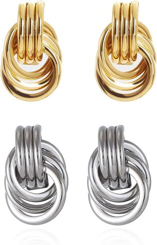 2Pcs Gold and Silver Earrings for Women, Gold Statement Geometric Knot Stud Earrings Set Chunky Gold Solver Hollow Tube Knot Drop Dangle Earrings Set Fashion Jewelry Gift in Saudi Arabia