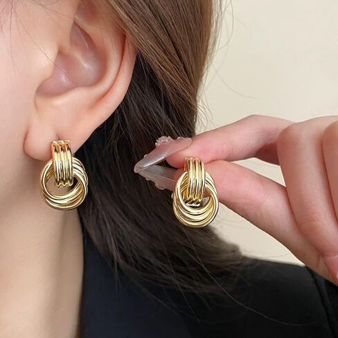 2Pcs Gold and Silver Earrings for Women, Gold Statement Geometric Knot Stud Earrings Set Chunky Gold Solver Hollow Tube Knot Drop Dangle Earrings Set Fashion Jewelry Gift in Saudi Arabia