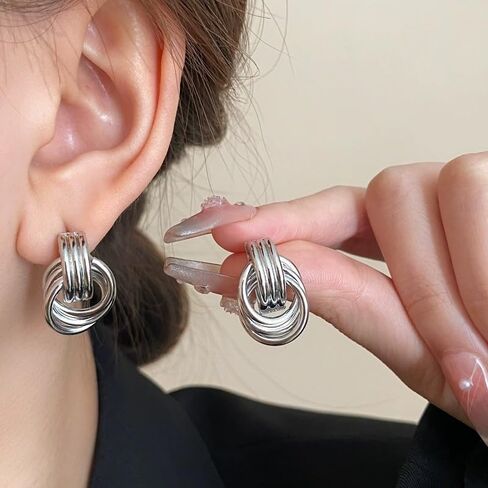 2Pcs Gold and Silver Earrings for Women, Gold Statement Geometric Knot Stud Earrings Set Chunky Gold Solver Hollow Tube Knot Drop Dangle Earrings Set Fashion Jewelry Gift in Saudi Arabia