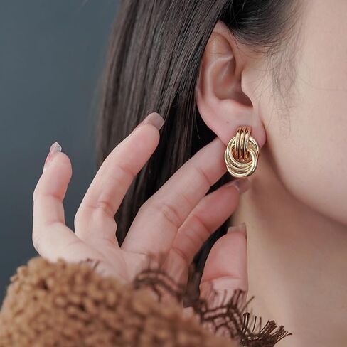 2Pcs Gold and Silver Earrings for Women, Gold Statement Geometric Knot Stud Earrings Set Chunky Gold Solver Hollow Tube Knot Drop Dangle Earrings Set Fashion Jewelry Gift in Saudi Arabia