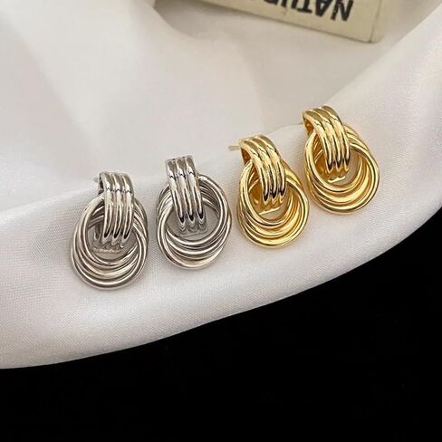 2Pcs Gold and Silver Earrings for Women, Gold Statement Geometric Knot Stud Earrings Set Chunky Gold Solver Hollow Tube Knot Drop Dangle Earrings Set Fashion Jewelry Gift in Saudi Arabia