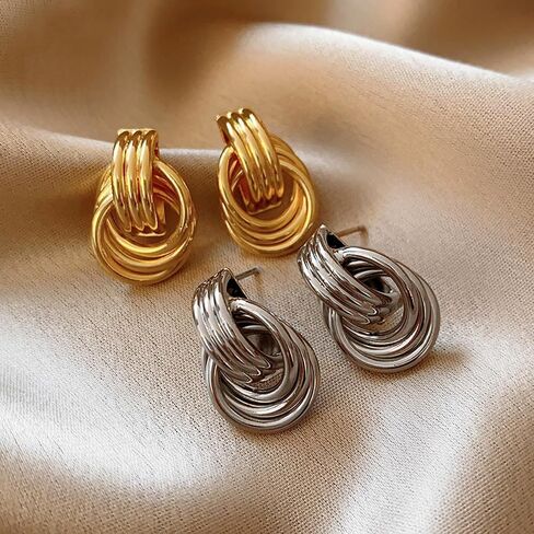 2Pcs Gold and Silver Earrings for Women, Gold Statement Geometric Knot Stud Earrings Set Chunky Gold Solver Hollow Tube Knot Drop Dangle Earrings Set Fashion Jewelry Gift in Saudi Arabia