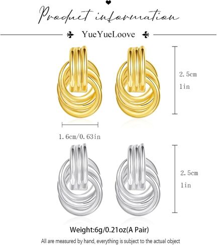 2Pcs Gold and Silver Earrings for Women, Gold Statement Geometric Knot Stud Earrings Set Chunky Gold Solver Hollow Tube Knot Drop Dangle Earrings Set Fashion Jewelry Gift in Saudi Arabia
