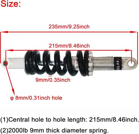Bicycle Motorcycle,215mm/8.46in 2000LBS Rear Sprin surprise Damper Universal Fits for Moped Scooter Pit Dirt Bike 50cc 70cc 90cc 125cc 150cc 250cc Buggy Gokart (215mm/8.46in), black in Saudi Arabia