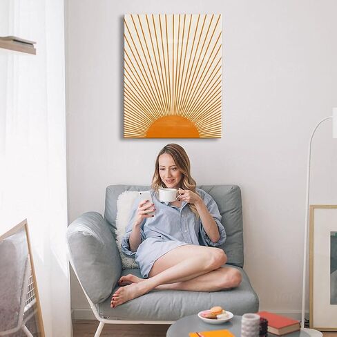 Boho Sun Wall Art, Framed Canvas Wall Art Rainbow Sun Rising on the Horizon Geometric Nature Illustrations Line Art Wall, Mid-Century Modern Prints Boho Wall Decor for Living Room, Bedroom, Bathroom, in Saudi Arabia