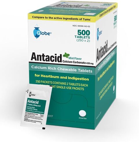 Globe (500 Tablets Chewable Mint Antacid Tablets for Acid Indigestion, Heartburn, and Upset Stomach - 250 Packets of 2 Tablets Each, 500 Count. Made in The USA in Saudi Arabia