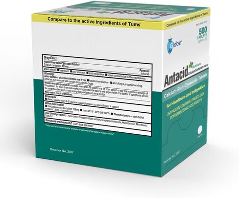 Globe (500 Tablets Chewable Mint Antacid Tablets for Acid Indigestion, Heartburn, and Upset Stomach - 250 Packets of 2 Tablets Each, 500 Count. Made in The USA in Saudi Arabia