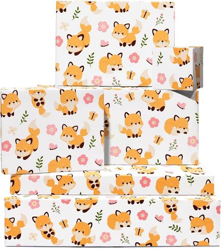 CENTRAL 23 Baby Girl Wrapping Paper - Fox - 6 Sheets of Floral Gift Wrap - White Wrapping Paper for Birthday, Baptism, Baby Shower - Comes with Stickers in Saudi Arabia