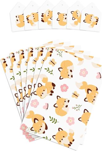 CENTRAL 23 Baby Girl Wrapping Paper - Fox - 6 Sheets of Floral Gift Wrap - White Wrapping Paper for Birthday, Baptism, Baby Shower - Comes with Stickers in Saudi Arabia