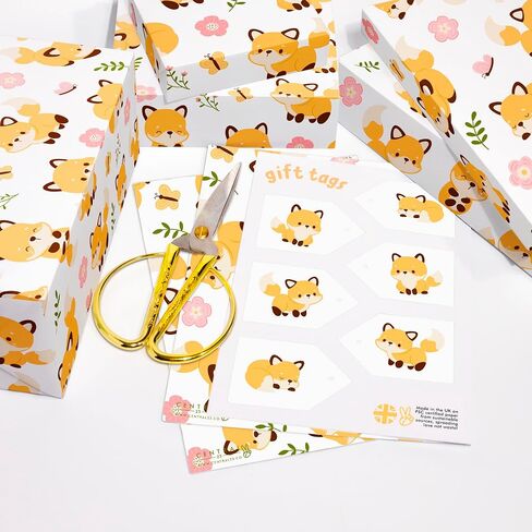 CENTRAL 23 Baby Girl Wrapping Paper - Fox - 6 Sheets of Floral Gift Wrap - White Wrapping Paper for Birthday, Baptism, Baby Shower - Comes with Stickers in Saudi Arabia