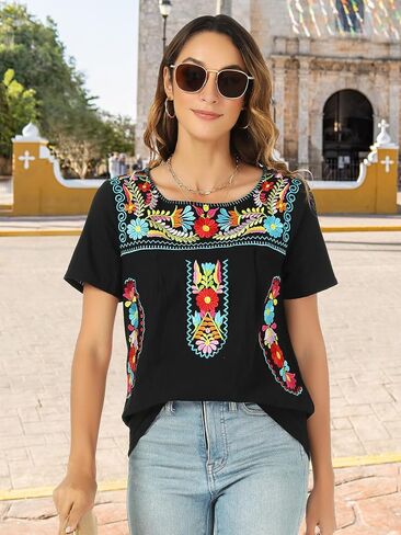 Mexican Shirts for Women Traditional Embroidered Tops Cinco De Mayo Fiesta Style Outfit in Saudi Arabia