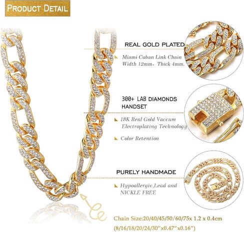 سلسلة ذهبية هالوكاكا للرجال مثلجة، سلسلة ذهبية 12 مم للرجال ميامي 18 قيراط مطلية بالذهب الحقيقي/بلاتينيوم مطلي بالذهب الأبيض، سوار قلادة على شكل قلادة، مجموعة كاملة من قطع الماس تشيكوسلوفاكيا، هدية له in Kuwait