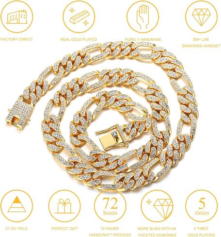 سلسلة ذهبية هالوكاكا للرجال مثلجة، سلسلة ذهبية 12 مم للرجال ميامي 18 قيراط مطلية بالذهب الحقيقي/بلاتينيوم مطلي بالذهب الأبيض، سوار قلادة على شكل قلادة، مجموعة كاملة من قطع الماس تشيكوسلوفاكيا، هدية له in Kuwait