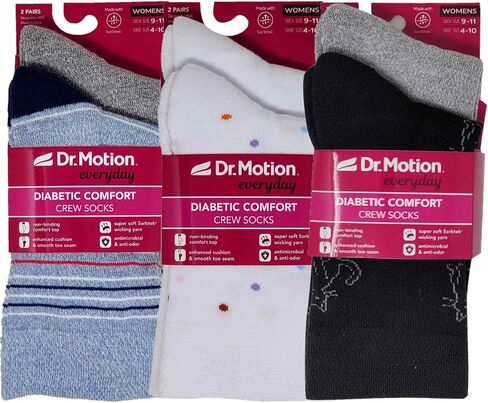 Dr. Motion Womens Diabetic Socks Non-Binding Loose Fit Wide Top Comfort Half-Cushion Crew Socks 6 Pairs in Saudi Arabia