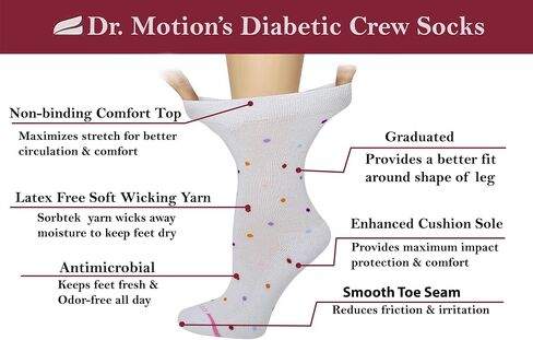 Dr. Motion Womens Diabetic Socks Non-Binding Loose Fit Wide Top Comfort Half-Cushion Crew Socks 6 Pairs in Saudi Arabia