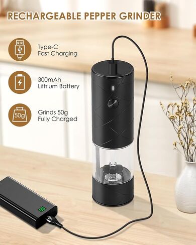 مطحنة ملح وفلفل كهربائية، شاكر ملح وفلفل أوتوماتيكي، قابل لإعادة الشحن عبر USB، مطحنة فلفل مع خشونة قابلة للتعديل، ضوء LED، قابل لإعادة الملء، سعة كبيرة، أداة مطبخ (أسود) in Kuwait