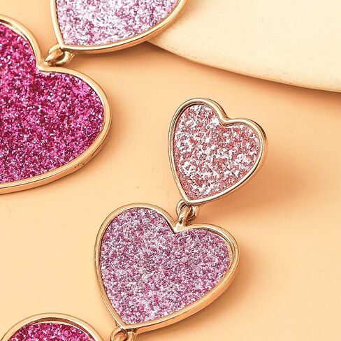 Heart Earrings for Women Girls Handmade Romantic Three Glitter Pink Red Love Heart Dangle Drop Statement Earrings Birthday Prom Valentine's Day Jewelry Gifts (Pink) in Saudi Arabia