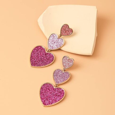 Heart Earrings for Women Girls Handmade Romantic Three Glitter Pink Red Love Heart Dangle Drop Statement Earrings Birthday Prom Valentine's Day Jewelry Gifts (Pink) in Saudi Arabia