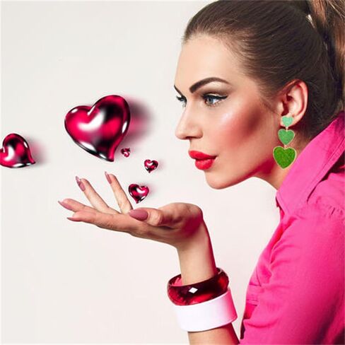 Heart Earrings for Women Girls Handmade Romantic Three Glitter Pink Red Love Heart Dangle Drop Statement Earrings Birthday Prom Valentine's Day Jewelry Gifts (Pink) in Saudi Arabia