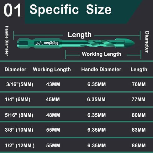 Mgtgbao 10PC 6mm Masonry Drill Bits, 1/4" Concrete Drill Bit Set for Tile,Brick, Plastic and Wood,Tungsten Carbide Tip Best for Wall Mirror and Ceramic Tile (Green) in Kuwait