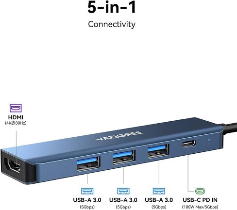 موزع USB C، موزع USB-C متعدد المنافذ بـ 5 منافذ مع HDMI 4K، توصيل طاقة 100 واط، 3 منافذ USB 3.0 لأجهزة MacBook Pro وMacBook Air وiMac وiPad Pro وiPhone 15/15 Pro Max وGalaxy S23 والمزيد in Kuwait