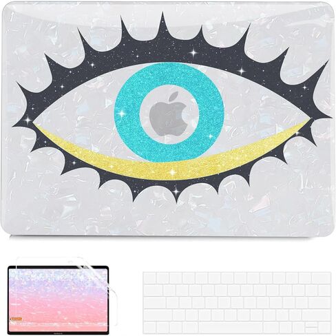 G JGOO متوافق مع حافظة MacBook Air 13 بوصة 2022 2021 2020 2019 2018 الإصدار M1 A2337 A2179 A1932 Touch ID، حافظة صلبة للكمبيوتر المحمول Glitter Pearl + 2 غطاء لوحة مفاتيح + واقي شاشة، عين شريرة in Kuwait