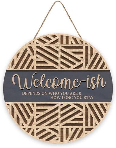 Funny Welcome Hanging Sign Plaque for Front Door Wall Decor, Funny Welcome-ish Vintage Wooden Hanger, Rustic Minimalist Outdoor Wood Wall Art for Farmhouse Porch or Entryway Home Decor (12''x 12'') in Saudi Arabia
