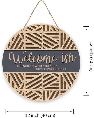 Funny Welcome Hanging Sign Plaque for Front Door Wall Decor, Funny Welcome-ish Vintage Wooden Hanger, Rustic Minimalist Outdoor Wood Wall Art for Farmhouse Porch or Entryway Home Decor (12''x 12'') in Saudi Arabia