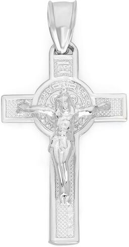 قلادة صليب من الذهب الأبيض عيار 14 قيراط - صليب مزدوج مع قلادة القديس بنديكت، هدايا مجوهرات دينية in Kuwait