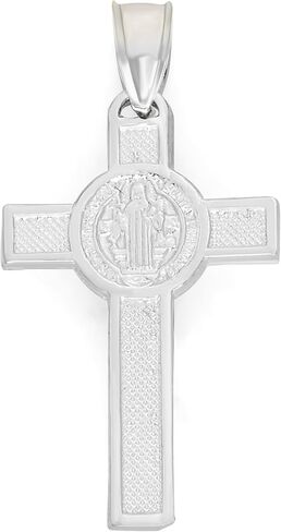 قلادة صليب من الذهب الأبيض عيار 14 قيراط - صليب مزدوج مع قلادة القديس بنديكت، هدايا مجوهرات دينية in Kuwait