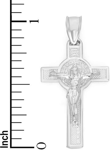 قلادة صليب من الذهب الأبيض عيار 14 قيراط - صليب مزدوج مع قلادة القديس بنديكت، هدايا مجوهرات دينية in Kuwait