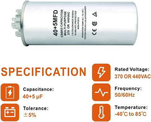 CBB65 مكثف بدء دائري مزدوج التشغيل، 40+5 فائق التوهج 40/5 MFD ±5% 370 فولت/440 فولت تيار متردد مكثف مركب للضاغط محرك تيار متردد تشغيل مروحة بدء المكثف مستقيم بارد/حرارة in Kuwait