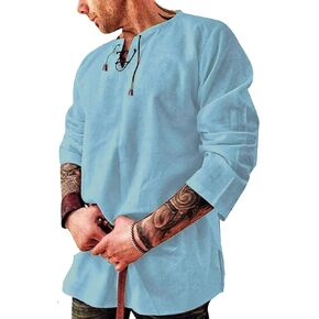 elselect Mens Renaissance Shirt Viking Pirate Tunic Medieval Ethnic Tops Peasant Casual Long Sleeve Henley (Without Belt)