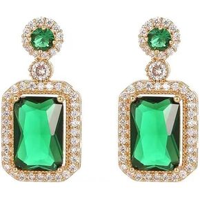 Simulated Emerald Square CZ Drop Dangle Earrings Crystal 14K Gold Plated Green Gemstone Dangling Earring Sterling Silver Pin Studs for Women Girls Mother Retro Jewelry Gifts Birthday Wedding