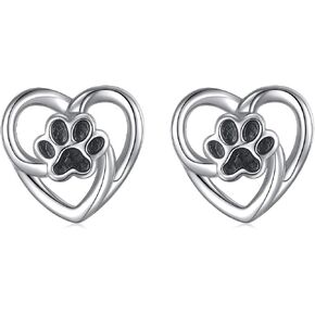S925 Sterling Silver Animal Jewelry Puppy Dog Cat Pet Paw Print Love Heart Stud Earrings for Women Girls