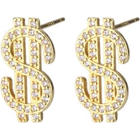 Crystal Dollar Money Sign Circle Stud Earrings for Women Girls Personality Glitter Sparkly Crystal Cubic Zirconia Round Rich Symbol Gold Silver Plated Statement Hook Earrings for Dance Party Fashion Jewelry Gifts