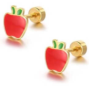 18g Titanium Apple Fruit Earrings for Women Girls 14k Gold Plated Surgical Stainless Steel Hypoallergenic Cute Tiny Studs Cartilage Tragus Screw Back Post Conch Piercing Sensitive Ear Jewelry for Christmas Holiday Homecoming