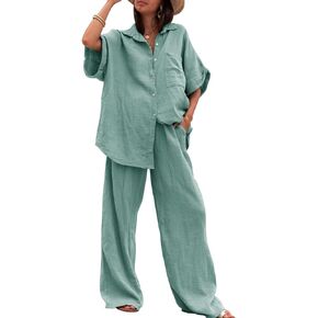 Imily Bela Womens Cotton Linen Set 2 Piece Outfits Summer Button Down Shirt Wide Leg Pants Matching Sets