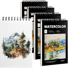 Kosiz 4 Pcs Watercolor Paper Pad, Top Wire Bound, 5.5 x 8.5 Inch 140 Lb/300 Gsm Watercolor Paper 140 Sheet Total Watercolor Sketchbook for Beginner Student Adult Artist Drawing Painting Sketching