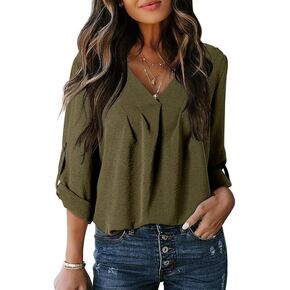 Dokotoo Women's Casual V Neck 3/4 Sleeve Basic Solid Color Cuffed Chiffon Blouses Tshirts Tunic Tops