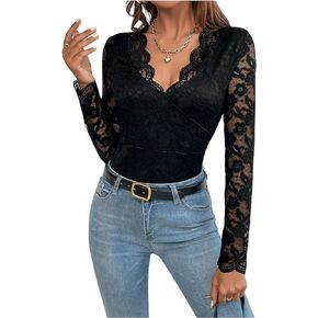 OYOANGLE Women's Contrast Guipure Lace Scallop Trim V Neck Long Sleeve Blouse Slim Fit Lace Tops