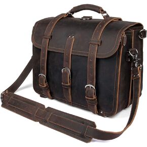 Polare Men's Thick Full Grain Leather 16'' Briefcase Shoulder Messenger Bag Fit 15.6'' Laptop (Dark Brown)