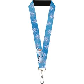 Disney Lanyard, Frozen 2 Olaf Backwards Pose Snowflakes Blues Lavender White, Elastic