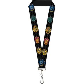 Buckle Down Lanyard-1.0"-Hogwarts & 4-House Crests/Filigree Black/gr