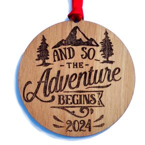 And So the Adventure Begins, 2023 Dated, New Chapter in Life, Wedding Baby Shower Moving Housewarming Gift Idea, Rustic Wooden Christmas Tree Ornament with Satin Ribbon and Gift Box (2023)