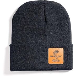 Shelby Black Leather Patch Beanie - 100% Acrylic, Officially Licensed Shelby® Product, Adjustable, One-Size Fits All, Genuine Square Leather Patch with Debossed Shelby Logo