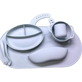 Silicone Baby Feeding Set, Baby Supplies with Divided Plate, Toddler Self Feeding Dish Set with Spoons Forks Sippy Cup Adjustable Bib, baby feeding essentials(Moody Blue),7pcs in a set for baby