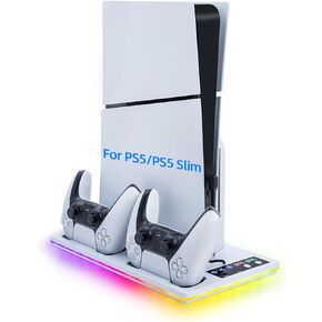 Mcbazel PS5/PS5 Slim Stand and Cooling Station with Dual Controller Charging for PlayStation 5/PlayStation 5 Slim Console, 5 RGB Light Modes, 3 Levels Cooling Fan, Black